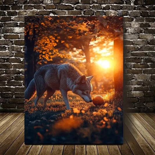 Wolf Playing with Ball Under Sunset Painting 40x60cm Metal Print Ready to Hang - Bella Home Decor