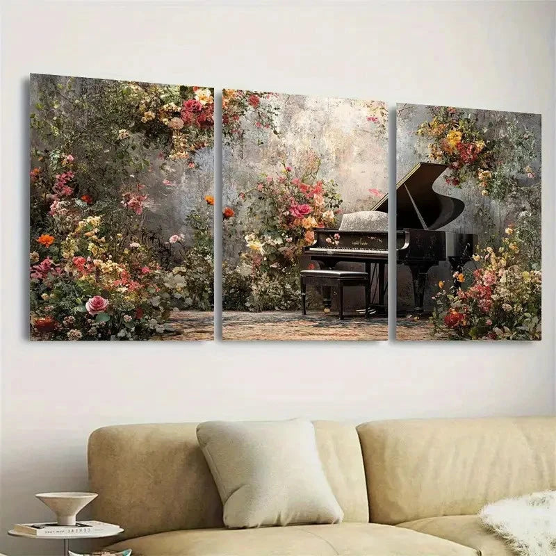 3pcs Enchanting Piano & Floral Garden Wall Art Set Canvas Framed 50x70cm - High Quality Print 100% Australian Made Wall Canvas Ready to Hang