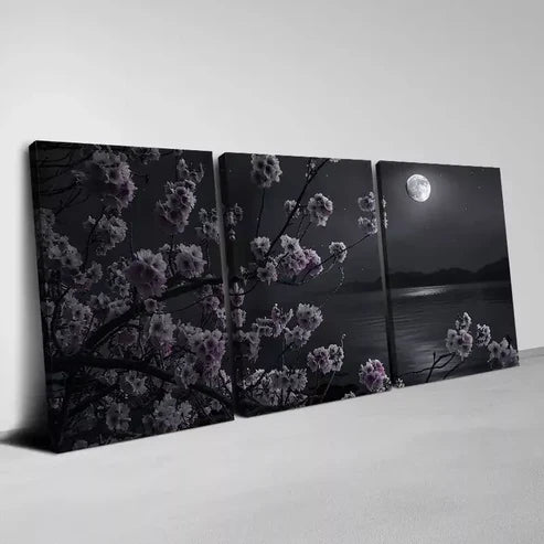 3pcs Floral Bliss by the Lake & Moon View Wall Art Canvas Unframed - High Quality Print 100% Australian Made Wall Canvas