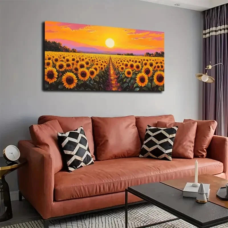 Depicts Sunflower Field Sunset Wall Art Canvas Office Home Room Framed 120x60cm - Bella Home Decor