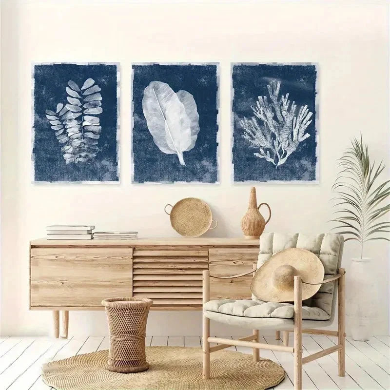 3pcs Blue Tropical Leaf and Coral Metal Print Ready to Hang Art - Bella Home Decor