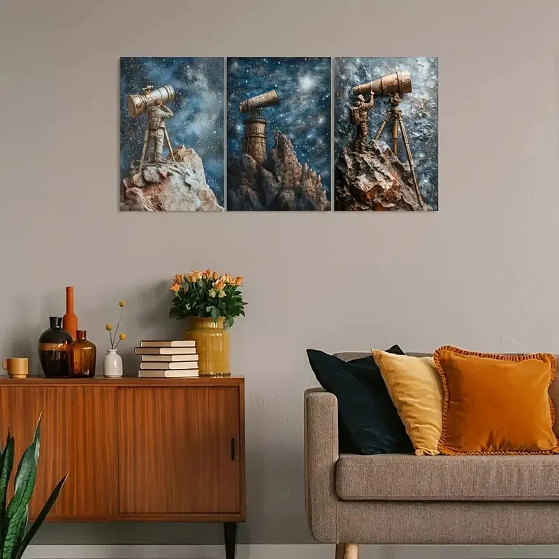 3pcs Astronaut Stargazing Old View Metal Print Ready to Hang Art - Bella Home Decor