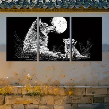 3pcs Wolf Under the Moon with Baby Illustration Metal Print Ready to Hang Art - Bella Home Decor