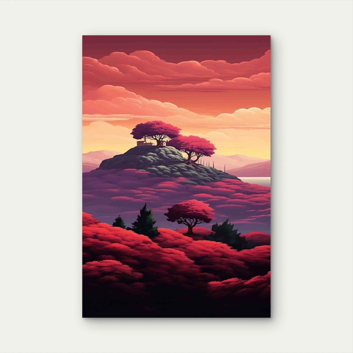 Three Trees Hill With Sunset 40x60cm Metal Print Ready to Hang - Bella Home Decor