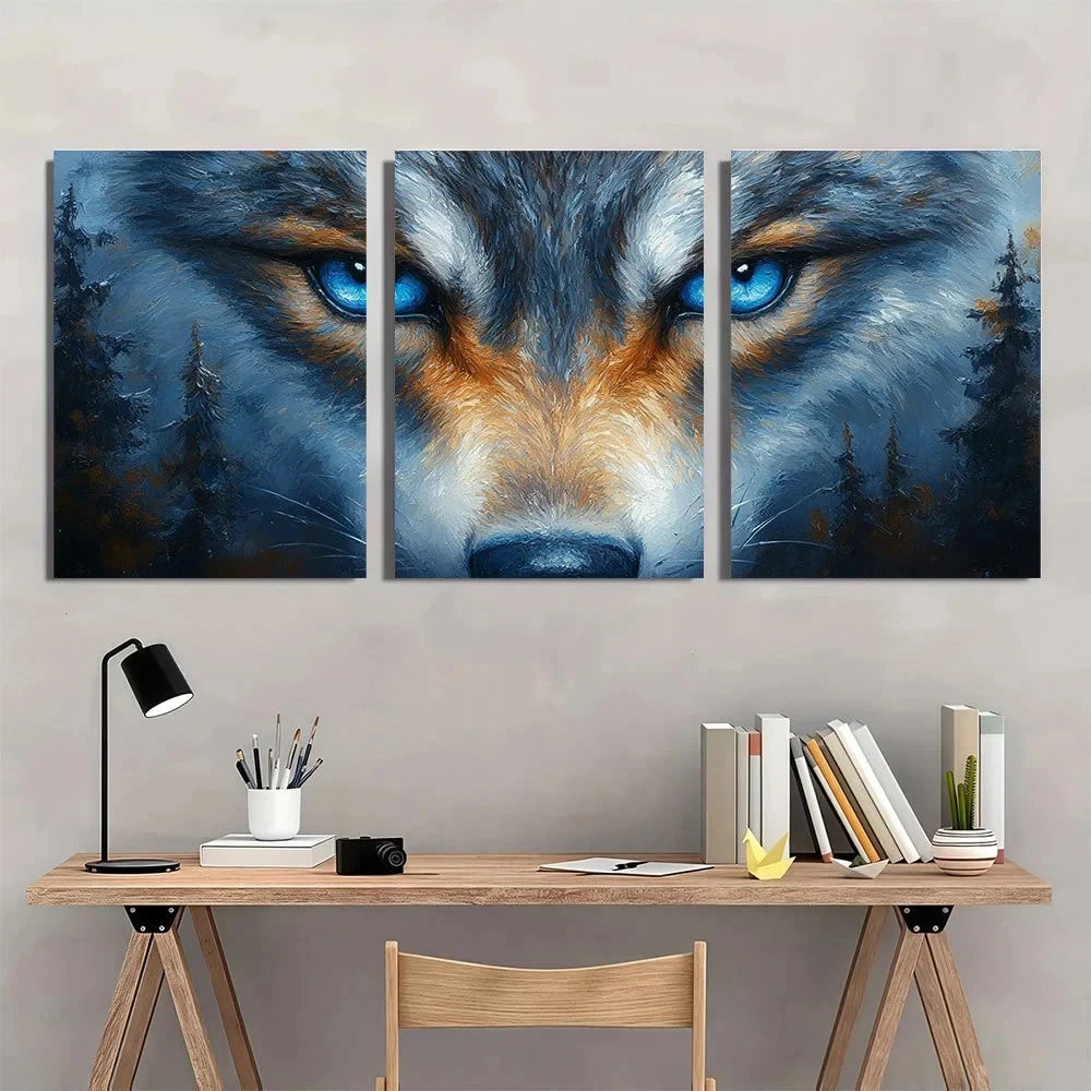 3pcs Wolf Vibrant Blue Eyes Forest Metal Print Ready to Hang Art