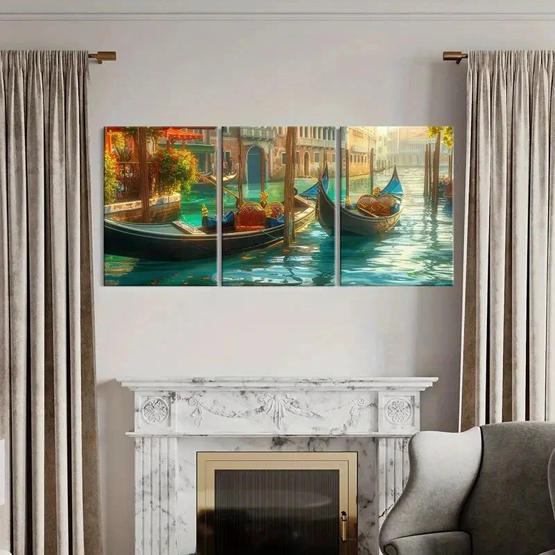 3pcs Venetian Gondolas Water Reflections Metal Print Ready to Hang Art - Bella Home Decor