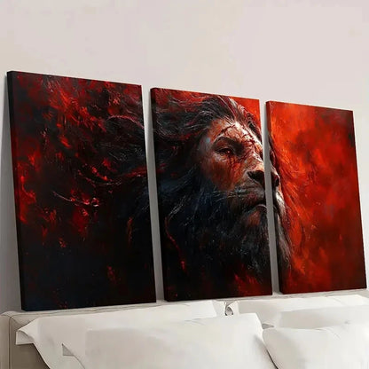 3pcs Lion Vibrant Red & Black Design  Wall Art Set Canvas Framed 50x70cm - High Quality Print 100% Australian Made Wall Canvas Ready to Hang