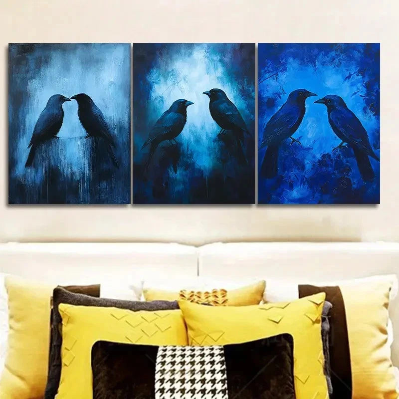 3pcs Two blackbirds on a blue background  Wall Art Set Canvas Framed 60x90cm - High Quality Print 100% Australian Made Wall Canvas Ready to Hang - Bella Home Decor