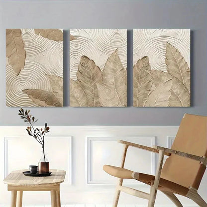 3pcs Elegant Beige Leaf and Swirl Texture Metal Print Ready to Hang Art