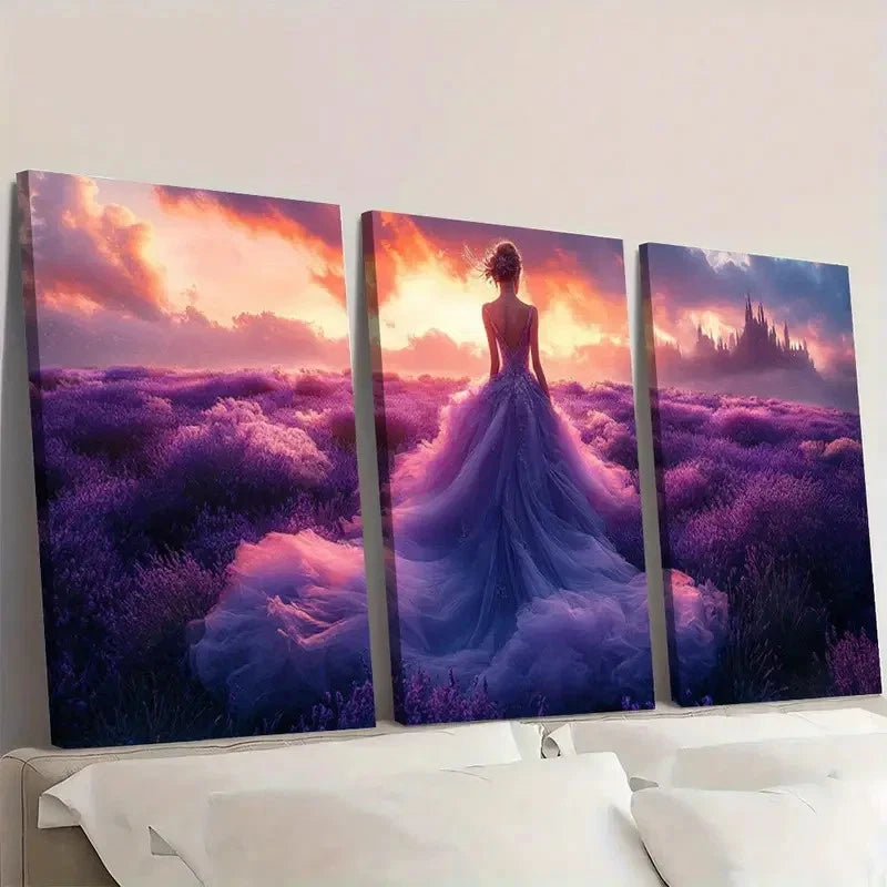 3pcs Elegant Purple Gown Fantasy Castle Art T  Wall Art Set Canvas Framed 60x90cm - High Quality Print 100% Australian Made Wall Canvas Ready to Hang