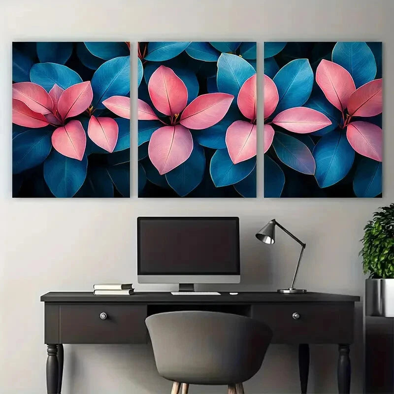 3pcs Tropical Jungle Foliage Pink Blue Teal Leaves Metal Print Ready to Hang Art - Bella Home Decor