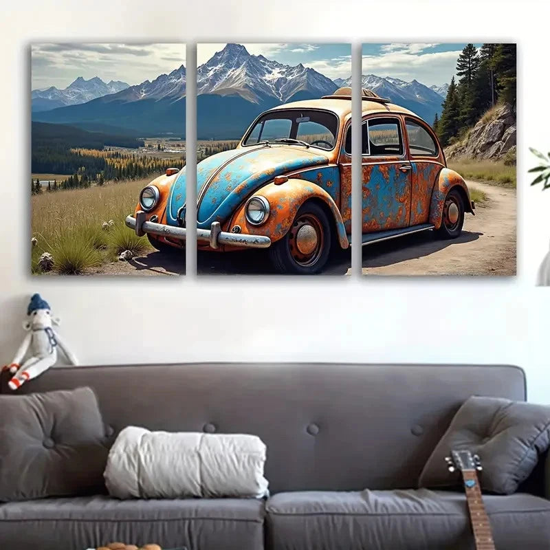 3pcs Vintage Car Countryside Landscape Scene Wall Art Set Canvas Framed 60x90cm - High Quality Print 100% Australian Made Wall Canvas Ready to Hang