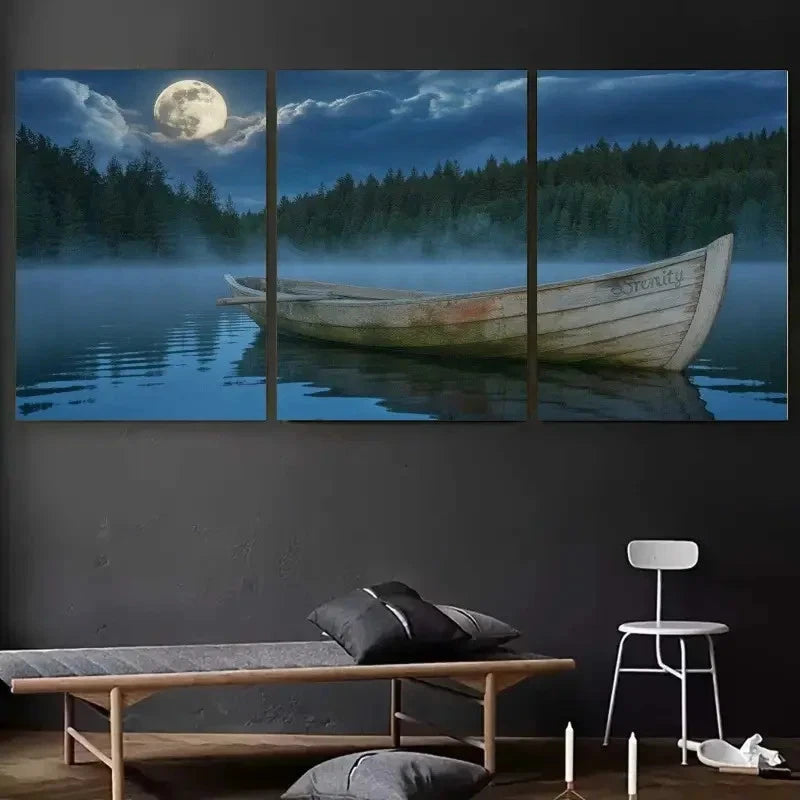 3pcs Full Moon Rowboat Pine Trees Calm Lake Metal Print Ready to Hang Art - Bella Home Decor