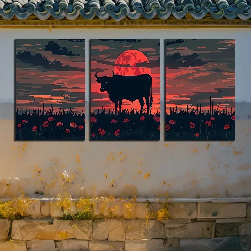 3pcs Black Cow with Moonlit and Floral Design Metal Print Ready to Hang Art - Bella Home Decor