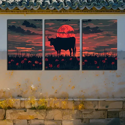 3pcs Black Cow with Moonlit and Floral Design Metal Print Ready to Hang Art - Bella Home Decor