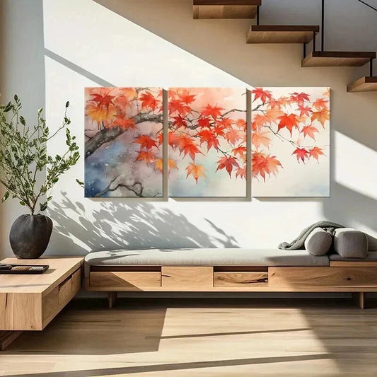 3pcs Leaves Fall Autumn Vintage Watercolor Wall Art Set Canvas Framed 60x90cm - High Quality Print 100% Australian Made Wall Canvas Ready to Hang