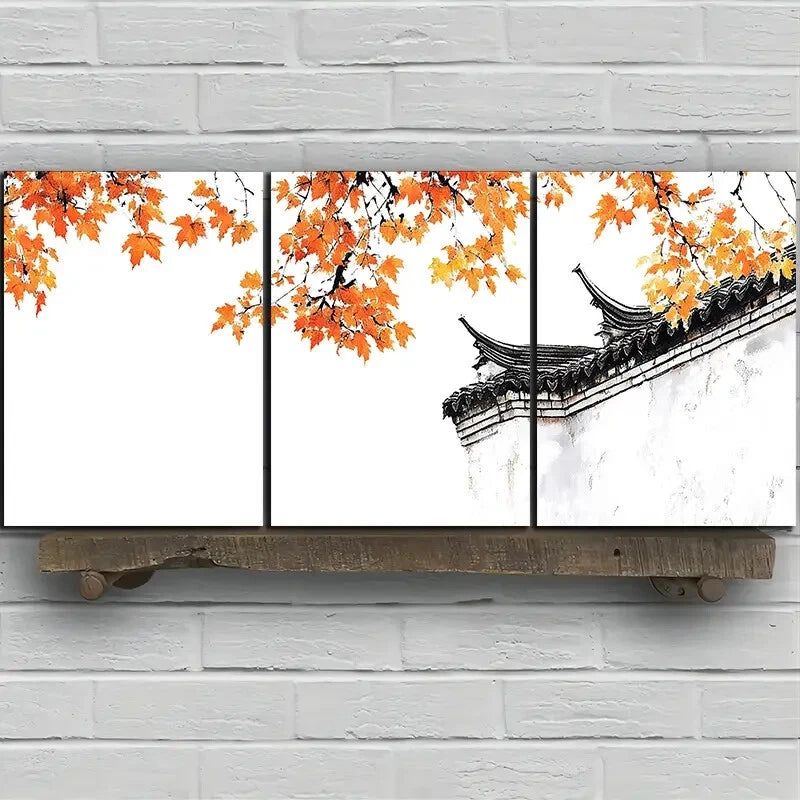 3pcs The House Next The Red Maple Leaves Metal Print Ready to Hang Art