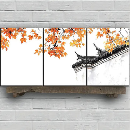 3pcs The House Next The Red Maple Leaves Metal Print Ready to Hang Art