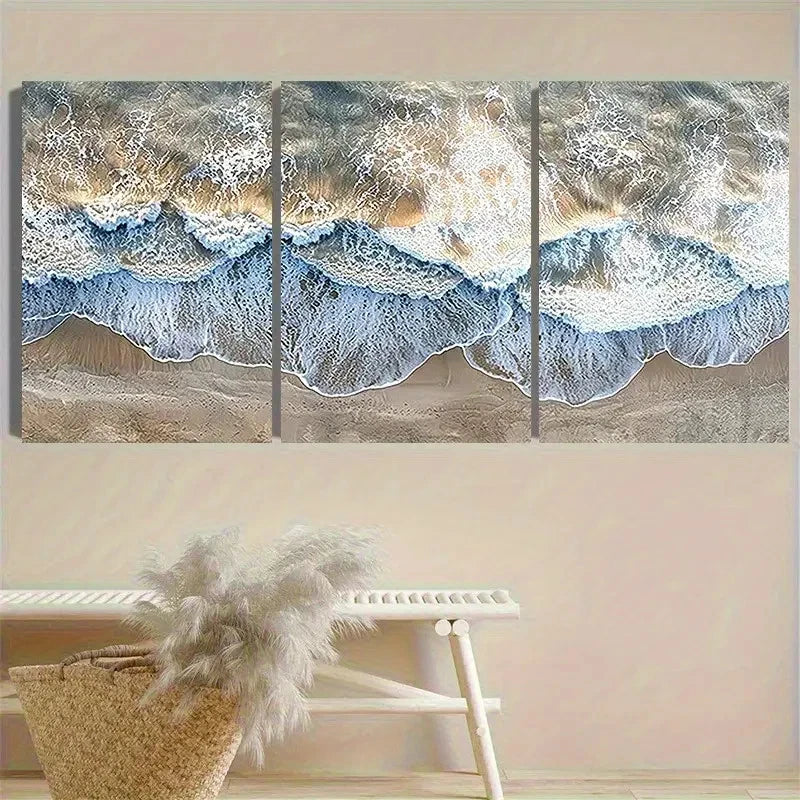 3pcs Ocean Wave Art Print Vintage Wall Art Set Canvas Framed 40x60cm - High Quality Print 100% Australian Made Wall Canvas Ready to Hang
