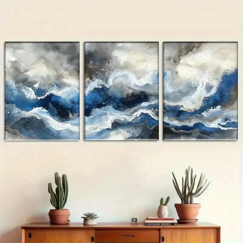 3pcs Blue and White Fluid Art Set Portrait Metal Print Ready to Hang Art - Bella Home Decor