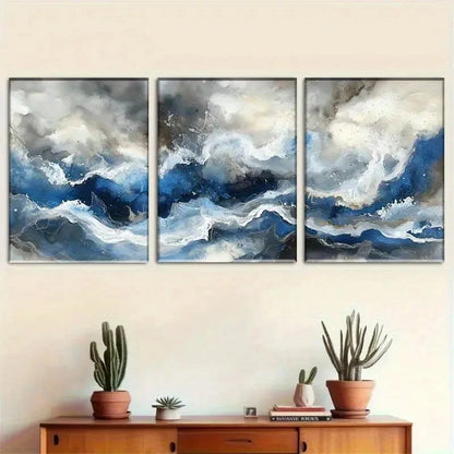 3pcs Blue and White Fluid Art Set Portrait Metal Print Ready to Hang Art - Bella Home Decor
