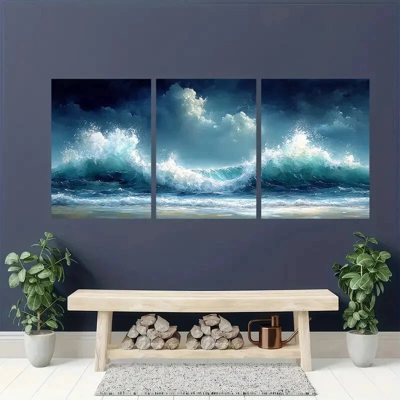 3pcs Stormy Ocean Seascape Watercolor Waves Metal Print Ready to Hang Art - Bella Home Decor