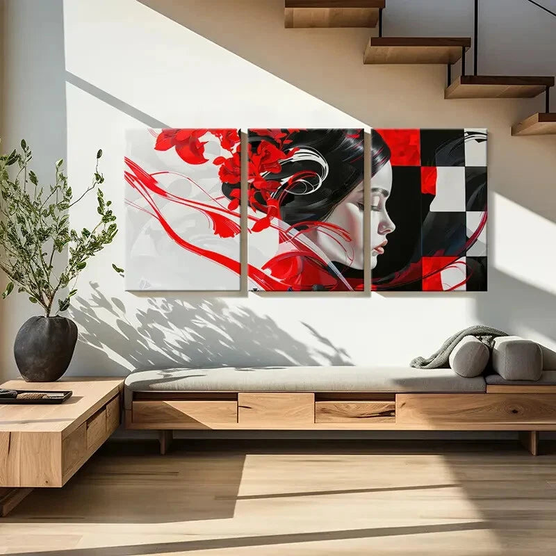 3pcs Abstract Art Red Flowers Geometric Patterns Metal Print Ready to Hang Art - Bella Home Decor