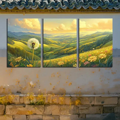 3pcs Vibrant Dandelion Fields Nature-Themed Design Metal Print Ready to Hang Art