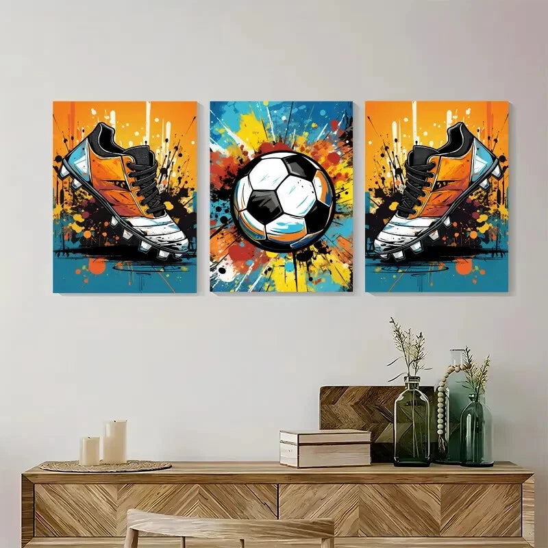 3pcs Colourful Football Blue & Gold Metal Print Ready to Hang Art - Bella Home Decor