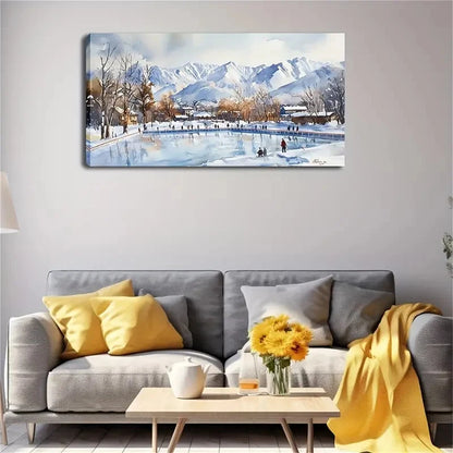 Ice Skaters & Snowy Mountains Wall Art Canvas Office Home Room Framed 120x60cm