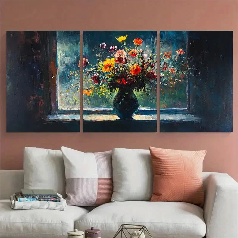 3pcs Vase by the Window Still Life in Dark Colors Metal Print Ready to Hang Art - Bella Home Decor