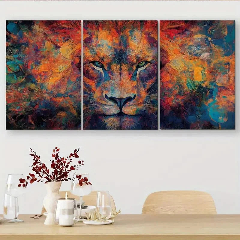 3pcs Dynamic Three-Sided Colorful Lion Portrait Metal Print Ready to Hang Art - Bella Home Decor