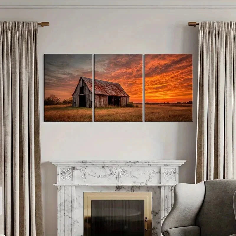 3pcs Rustic Barn Sunset Sky Landscape Art Metal Print Ready to Hang Art - Bella Home Decor