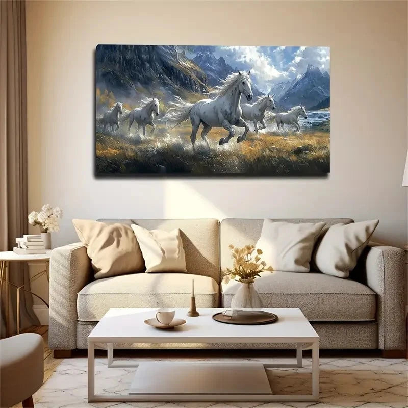 Majestic White Horses Wall Art canvas office home room framed 120x60cm - Bella Home Decor