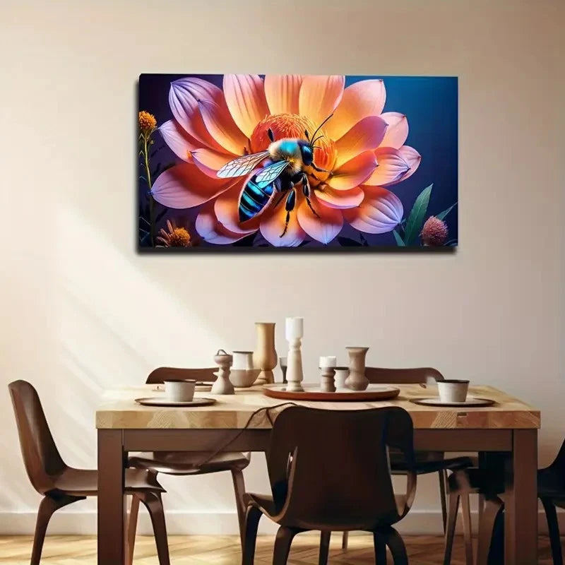 Vibrant Bee And Flower Wall Art Canvas Office Home Room Framed 120x60cm