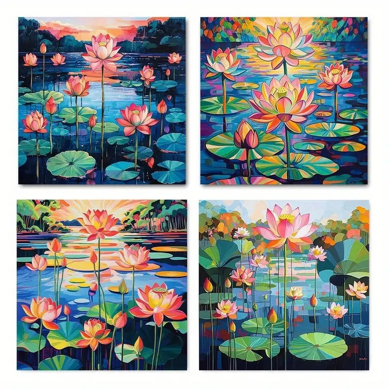 4pcs Vibrant for Lotus Pond Wall Art Canvas Framed