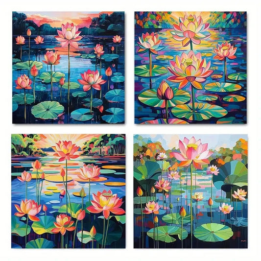 4pcs Vibrant for Lotus Pond Wall Art Canvas Framed