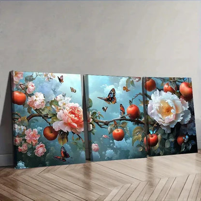 3pcs Rose hips and butterflies are flying Wall Art Set Canvas Unframed - High Quality Print 100% Australian Made Wall Canvas