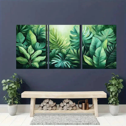 3pcs Pastel Green Tropical Leaves Illustrations Metal Print Ready to Hang Art - Bella Home Decor
