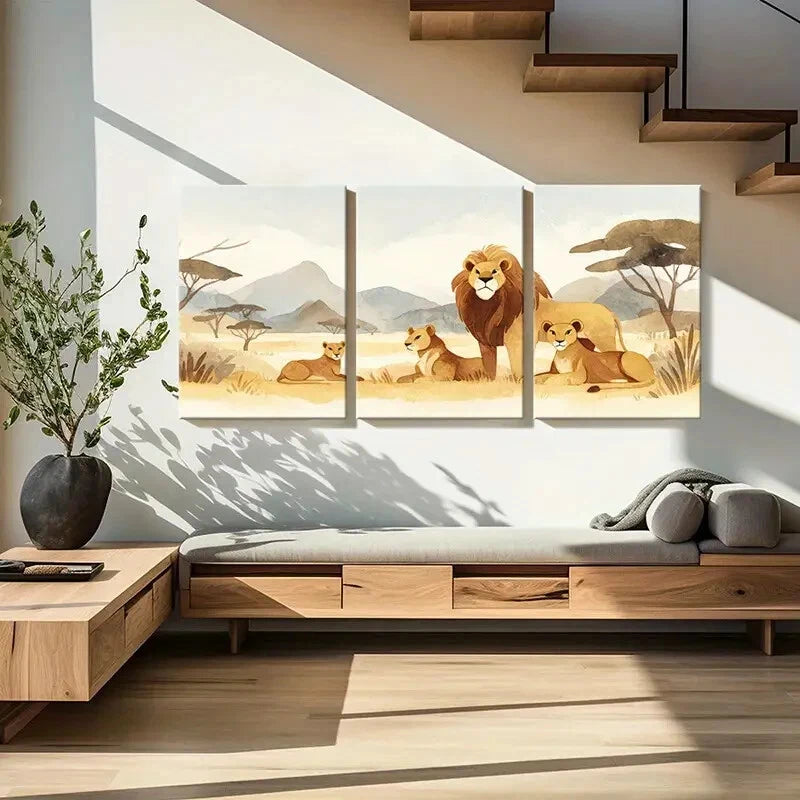 3pcs African Safari Lion Family Art Print Wildlife Metal Print Ready to Hang Art - Bella Home Decor