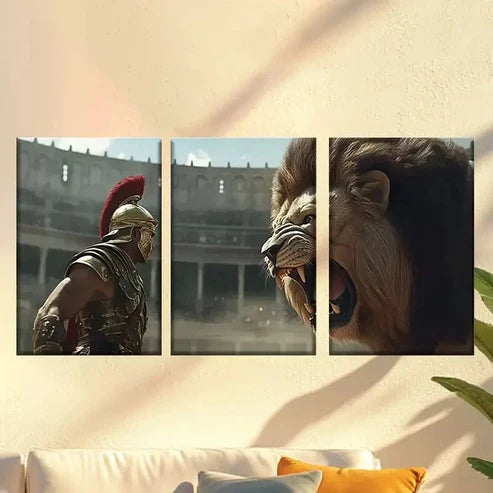3pcs Scene of Lion and Man in Roman Gladiator Wall Art Set Canvas Unframed – High Quality Print 100% Australian Made Wall Canvas