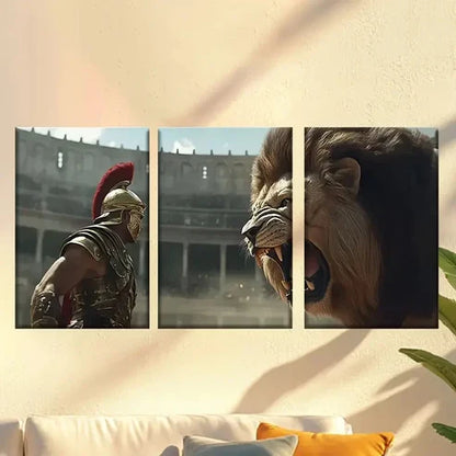 3pcs Scene of Lion and Man in Roman Gladiator Wall Art Set Canvas Unframed – High Quality Print 100% Australian Made Wall Canvas