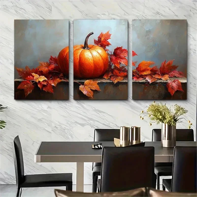 3pcs Fall Autumn Pumpkins Leaves Perfect Wall Art Set Canvas Framed 50x70cm - High Quality Print 100% Australian Made Wall Canvas Ready to Hang