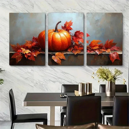 3pcs Fall Autumn Pumpkins Leaves Perfect Wall Art Set Canvas Framed 50x70cm - High Quality Print 100% Australian Made Wall Canvas Ready to Hang