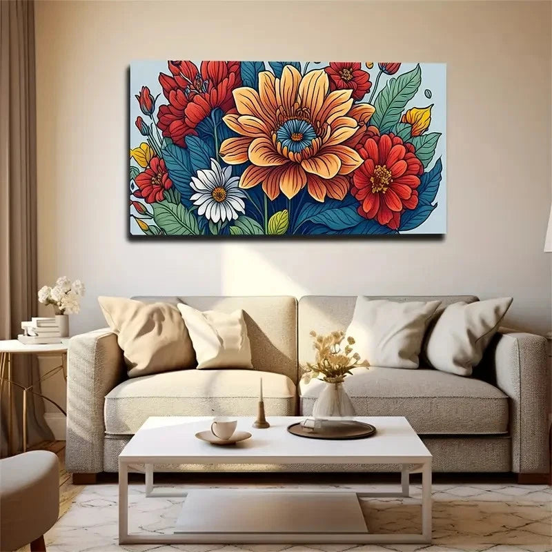 Vibrant Floral Bohemian Modern Wall Art Canvas Office Home Room Framed 120x60cm