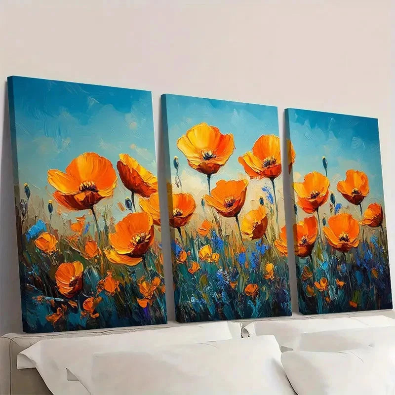 3pcs California Poppy Meadow Artwork PM    Wall Art Set Canvas Framed 50x70cm - High Quality Print 100% Australian Made Wall Canvas Ready to Hang - Bella Home Decor