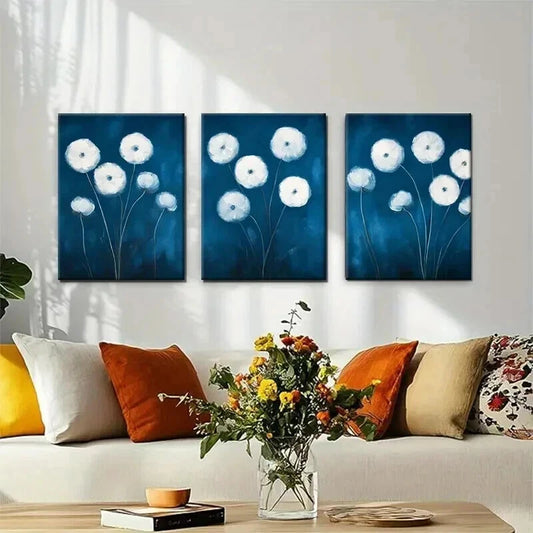 3pcs Elegant Floral Blue And White Flower Wall Art Set Canvas Framed 60x90cm - High Quality Print 100% Australian Made Wall Canvas Ready to Hang