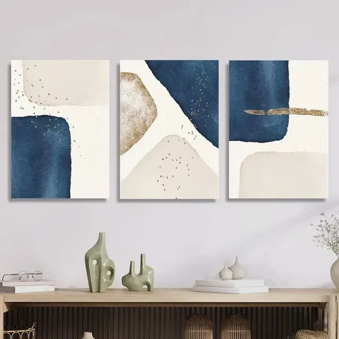 3pcs Blue & Beige Geometric Design Wall Art Set Canvas Unframed - High Quality Print 100% Australian Made Wall Canvas - Bella Home Decor