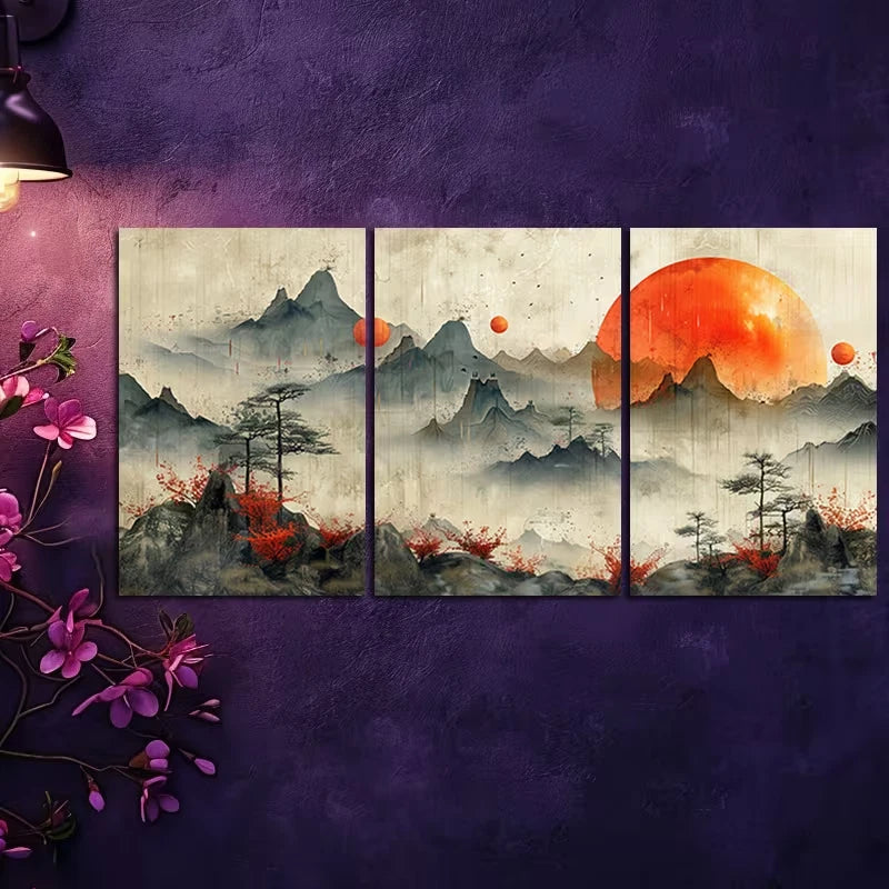 3pcs Landscape with Flowers & Rising Sun Wall Art Set Canvas Framed 60x90cm - High Quality Print 100% Australian Made Wall Canvas Ready to Hang