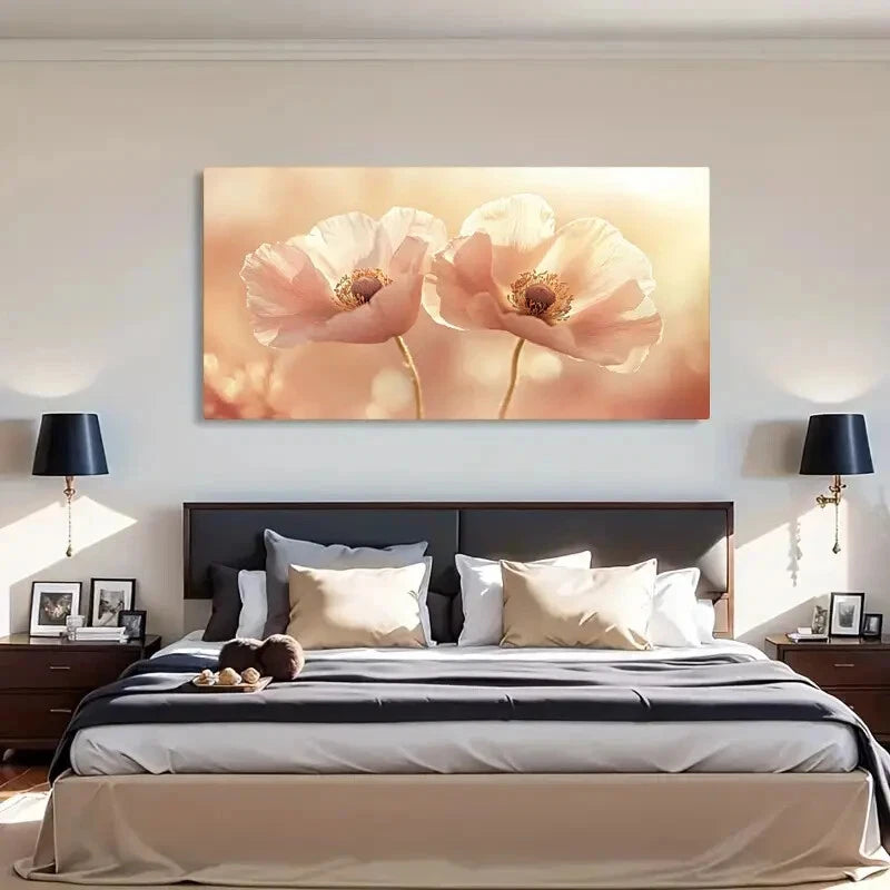 Pink Poppies Floral Pastel Wall Art Canvas Office Home Room Framed 120x60cm - Bella Home Decor